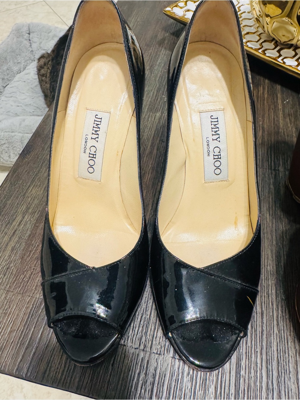 Jimmy Choo Black Patent Peep-Toe Heels